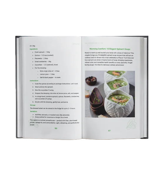 Cookbook spread with spinach soup recipes, ingredient lists and integrated food photography